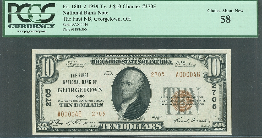 Georgetown, Ohio, 1929T2 $10, Ch.#2705, First National Bank, vCh.AU, PCGS-58